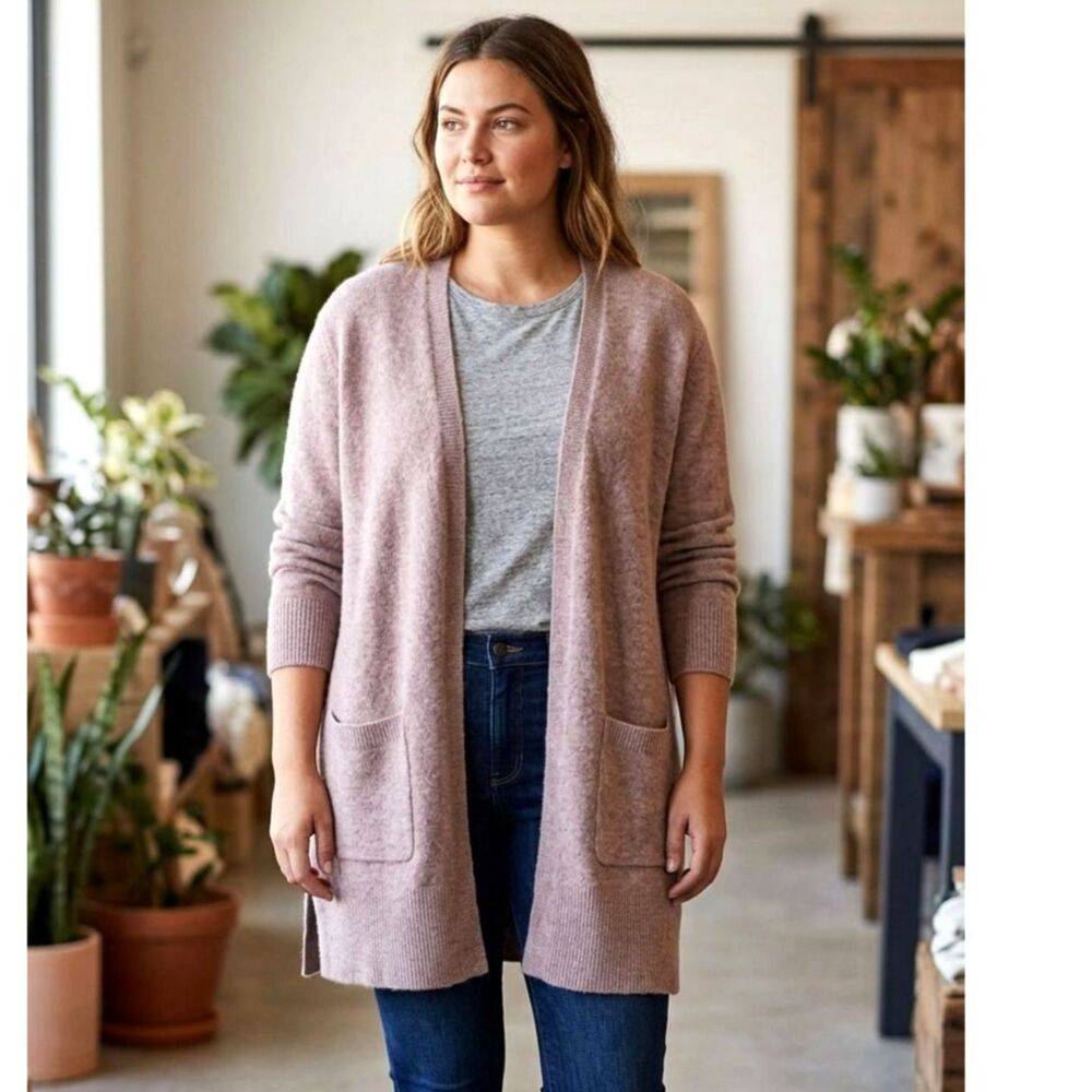 Madewell Open Front Long Cardigan Merino Wool Alpaca Blend Pockets Taupe Mauve M